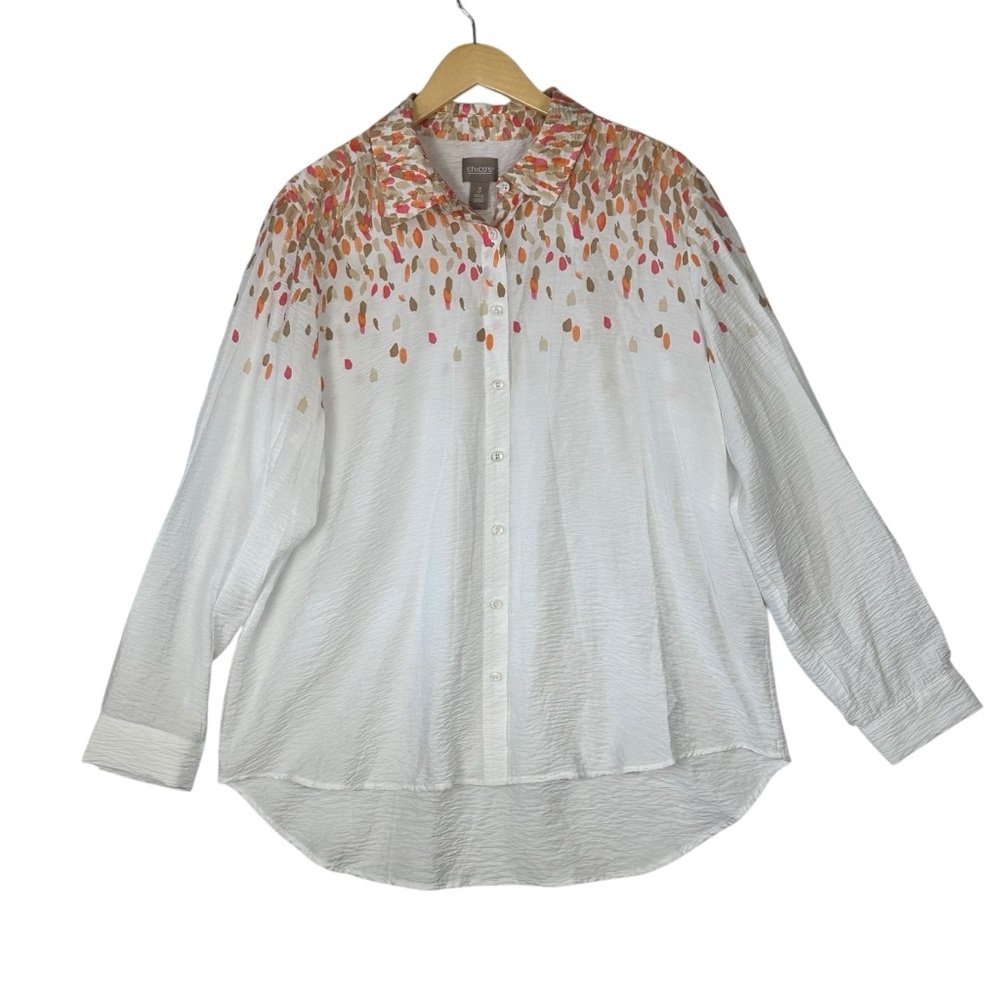 Chicos Women’s Blouse Size 3 -XL White Orange  Design Office Casual